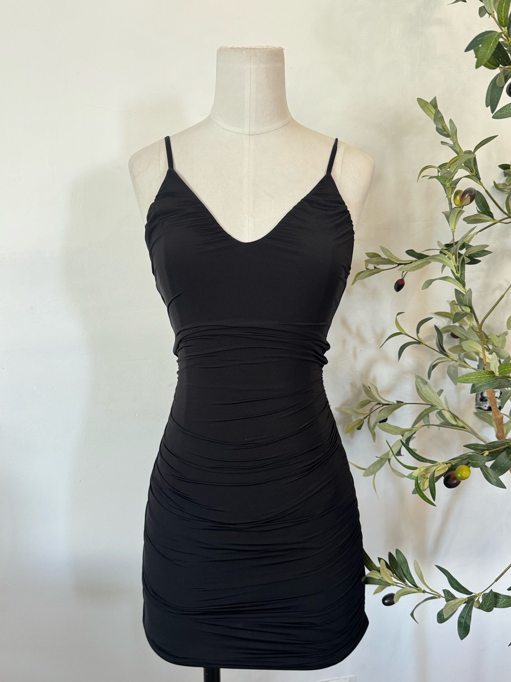 Tiger Mist Black Ruched Bodycon Mini Dress XS Open Back Spaghetti Strap